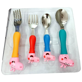 Cartoon Theme Stainless Steel Spoon & Fork Set for Kids - Baby Feeding Spoon and Fork Set (2 Spoons + 2 Forks) Perfect for Gifting (Multicolor)